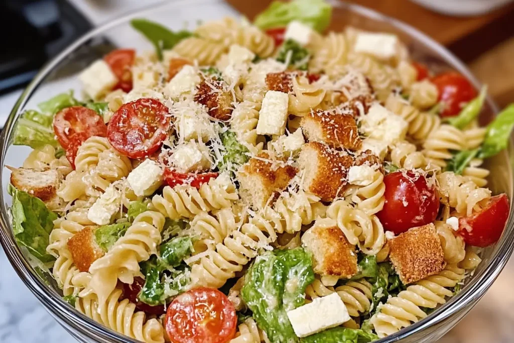 A large bowl of caesar pasta salad, garnished with parmesan cheese.