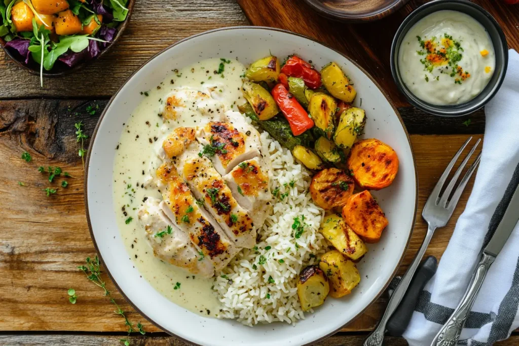 Bowl of creamy chicken and rice for a meal.