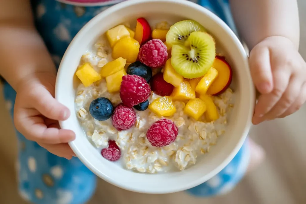 Baby enjoying what does a baby eat for breakfast - pureed food.