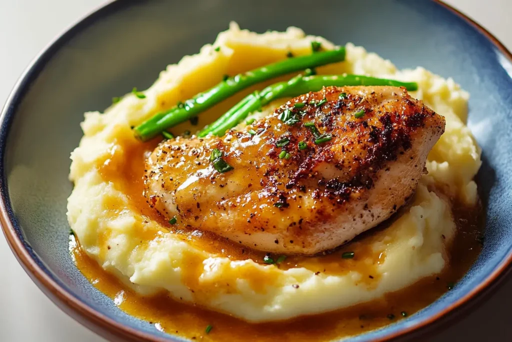 A plate of chicken and mashed potatoes with gravy.