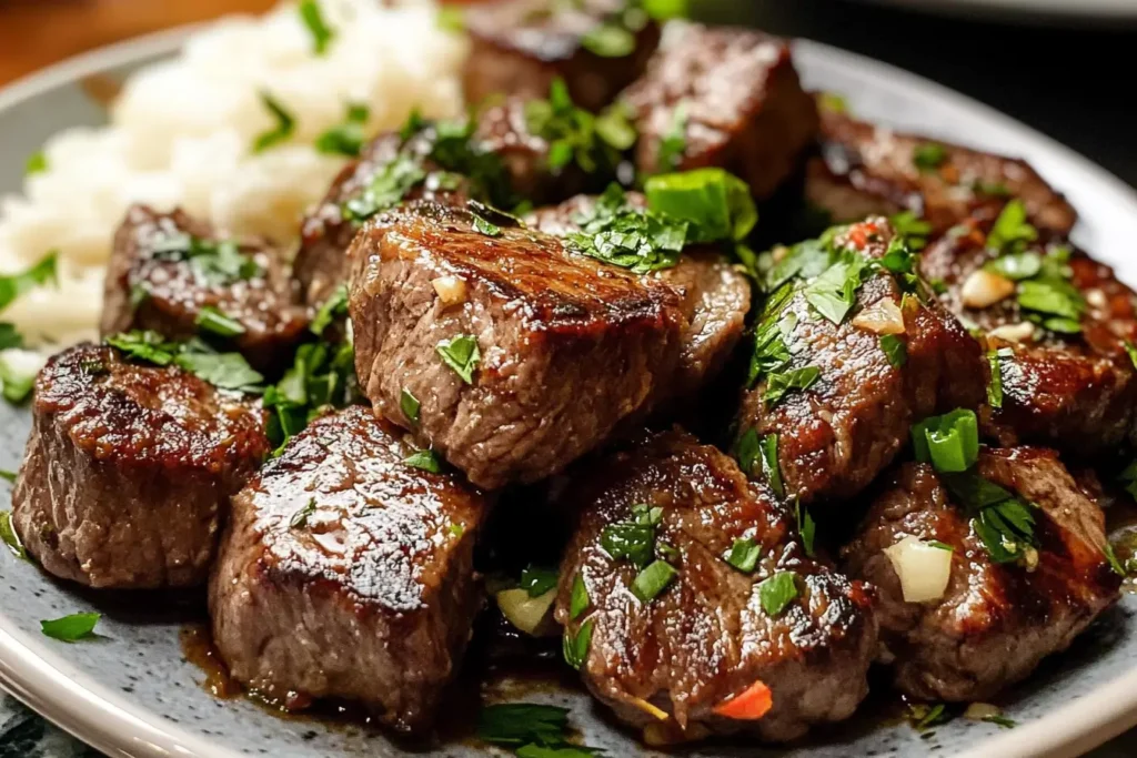 Close up of sizzling garlic steak bites in a pan.