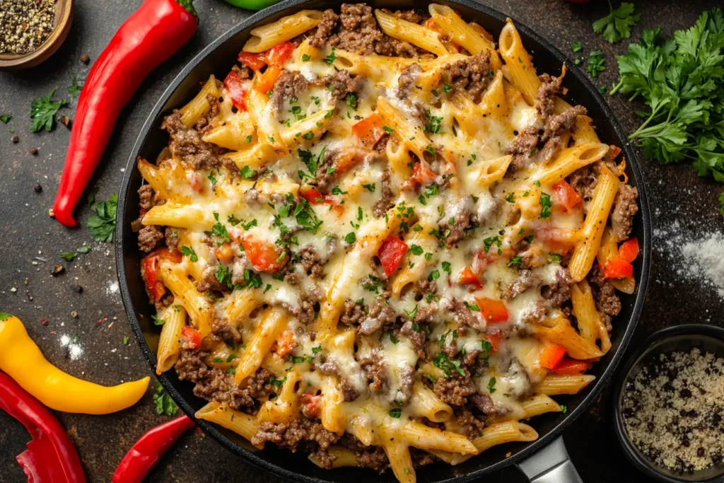 A creamy bowl of homemade Philly Cheesesteak Pasta