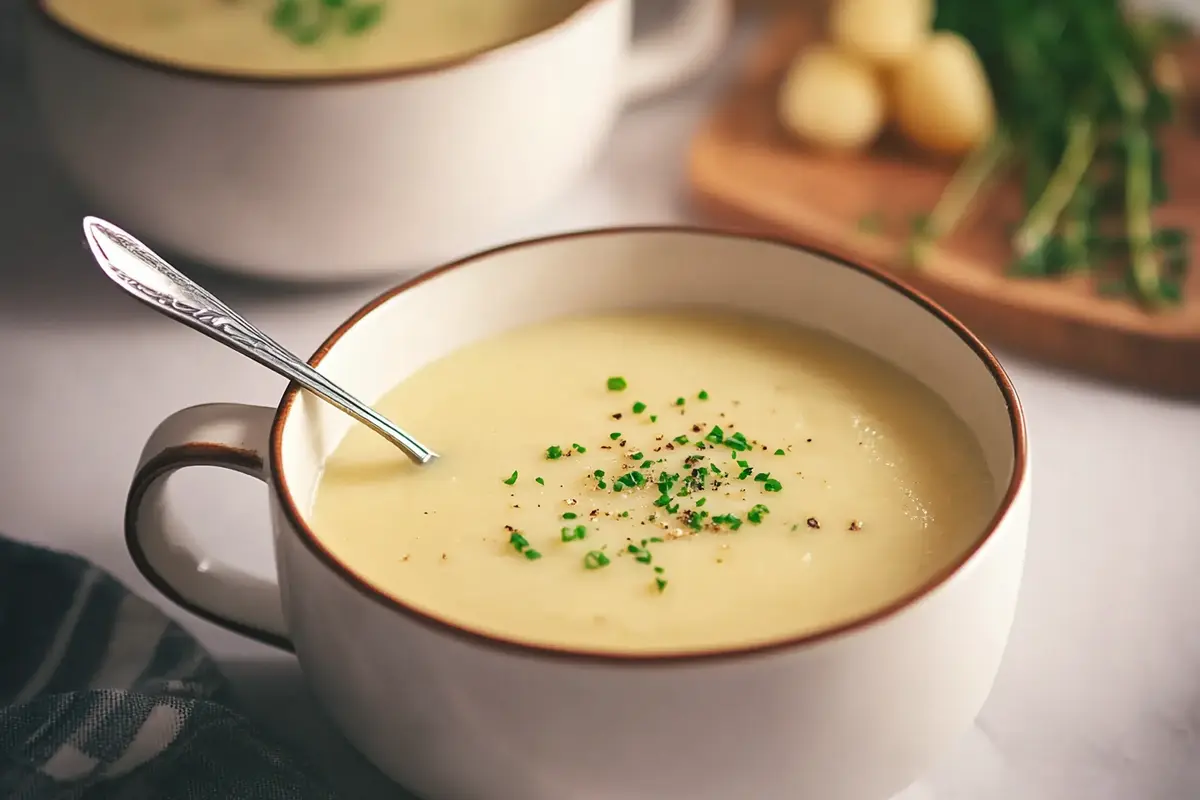 Creamy 4 ingredient potato soup in a bowl.