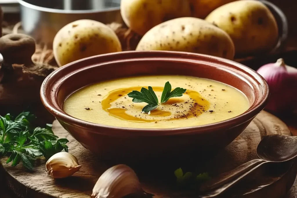 Steaming 4 ingredient potato soup with a spoon.