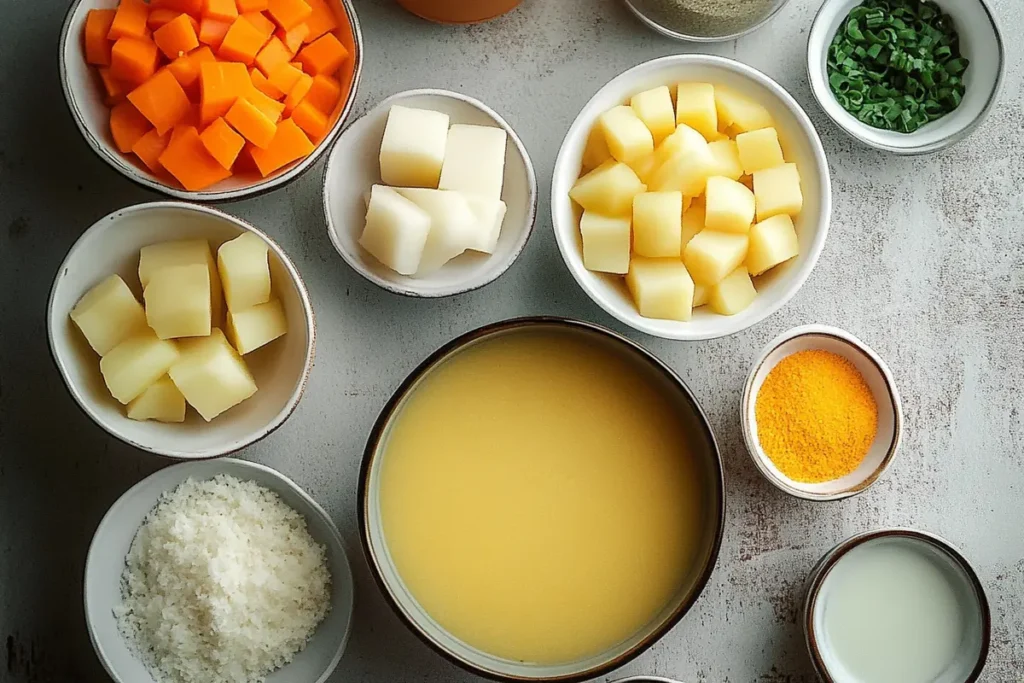 4 ingredient potato soup with toppings.