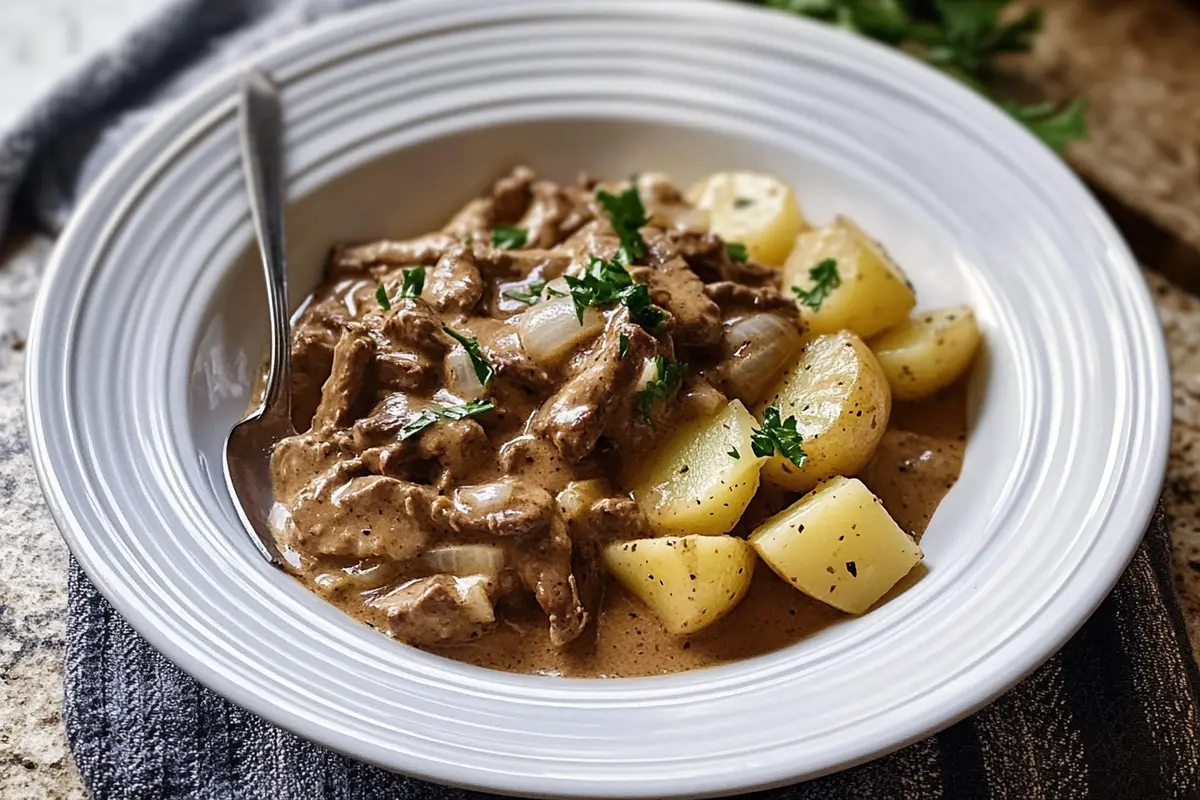 Delicious beef stroganoff with potatoes in a bowl.