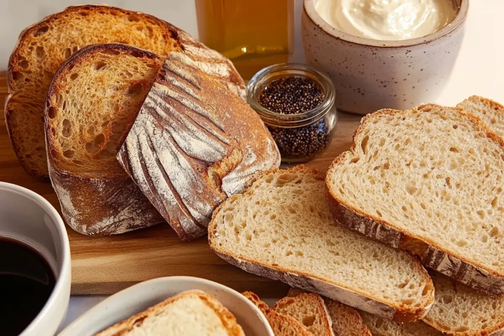 Slices of gluten free sourdough bread with a butter spread.