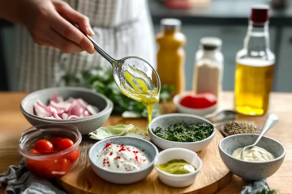 Thousand Island dressing ingredients beside a bowl of dressing.