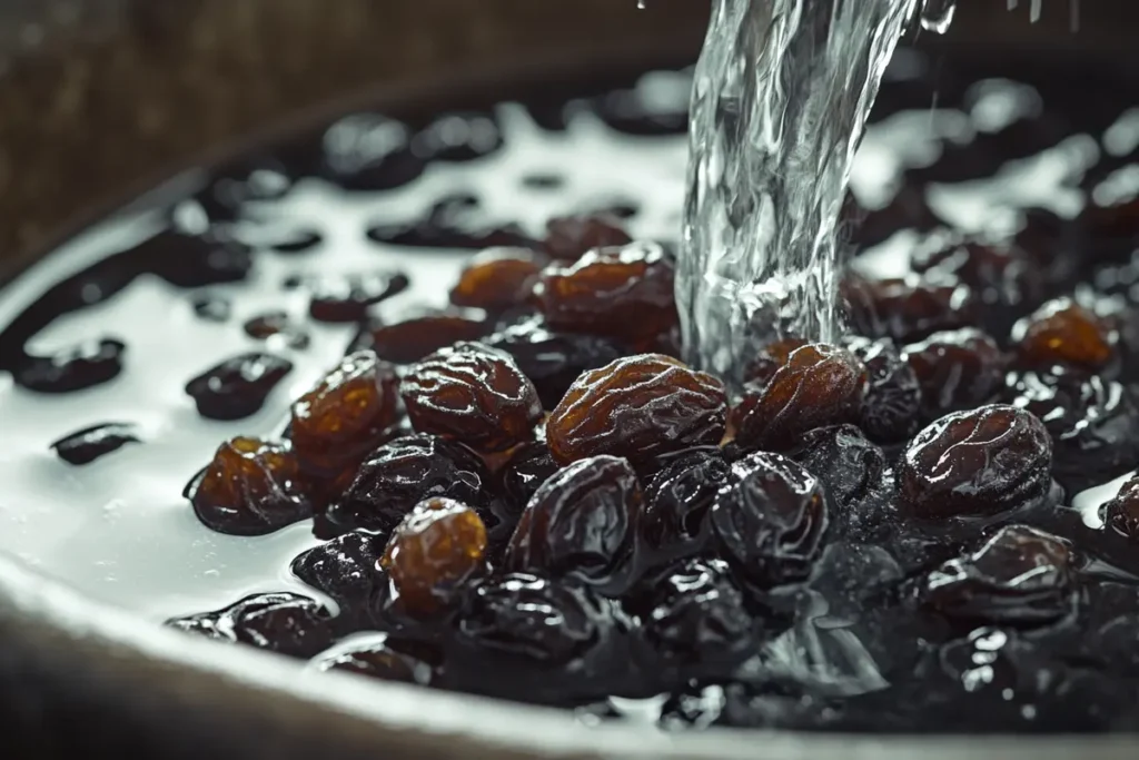 Soaked raisins in a bowl of water, illustrating should you soak raisins before baking muffins.
Title: Soaking Raisins