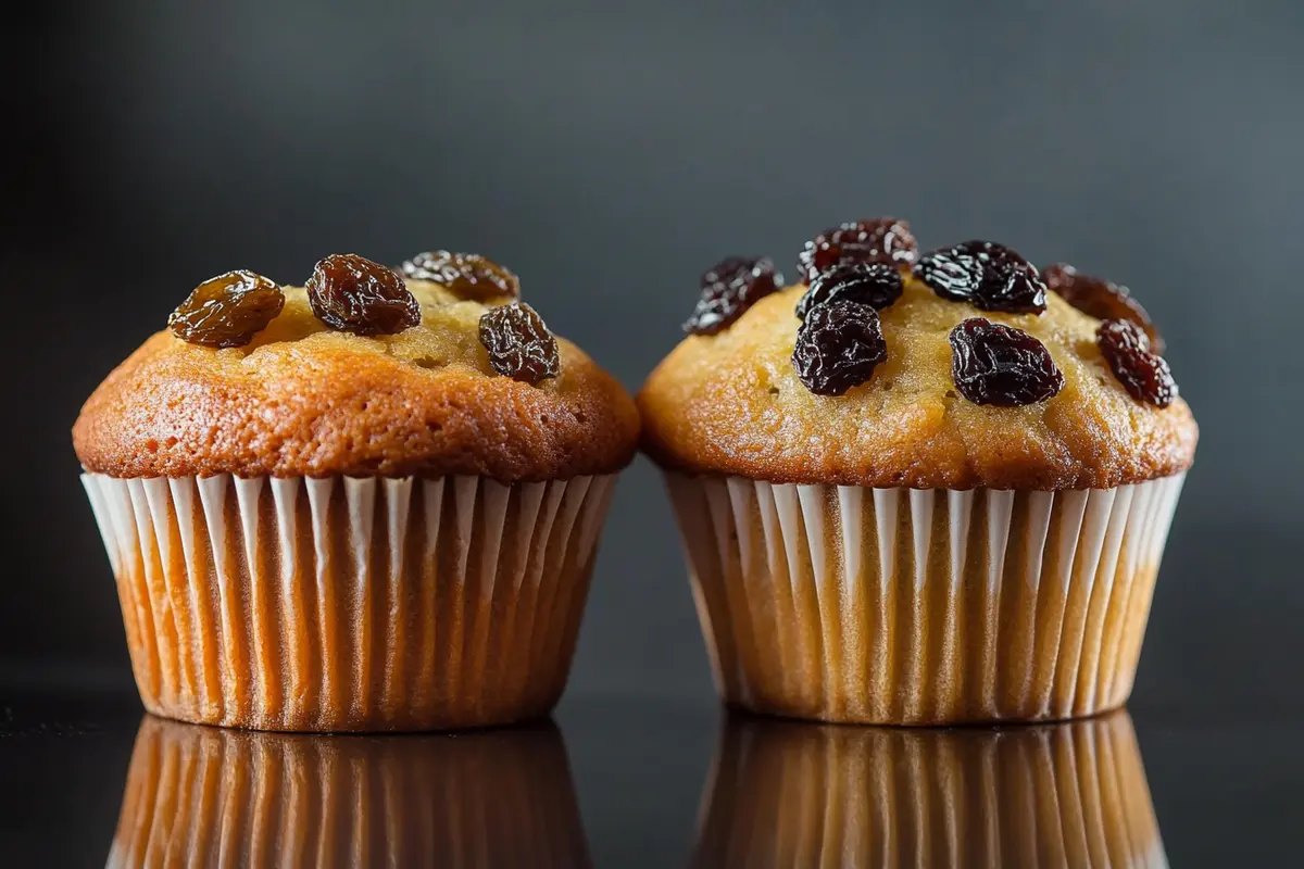 A batch of muffins with both soaked and unsoaked raisins, a visual for should you soak raisins before baking muffins.