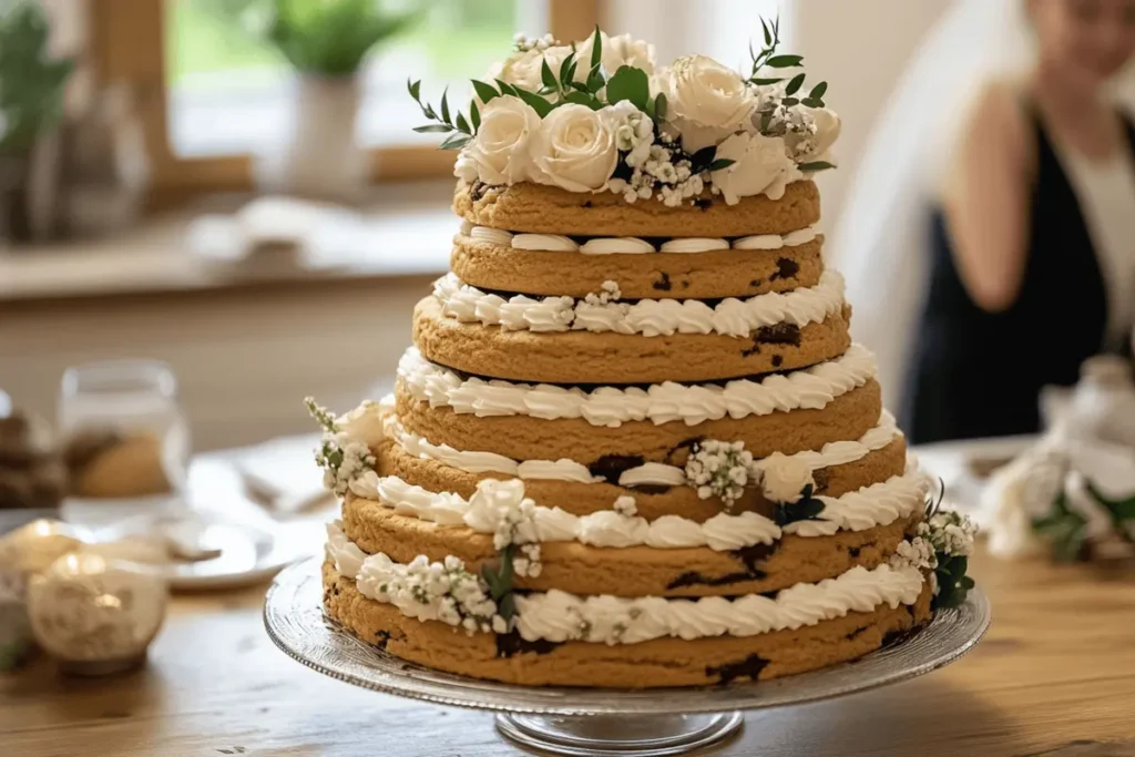 A multi-tiered cookie cake wedding cake with elegant decorations.