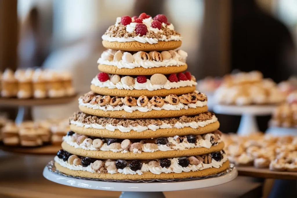 A cookie wedding cake bar setup at a wedding reception, offering various toppings.