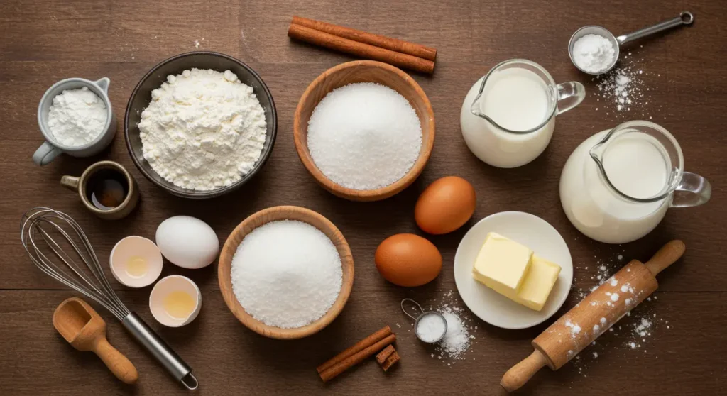 A photo showing what are the 5 main ingredients in cake arranged on a wooden board.