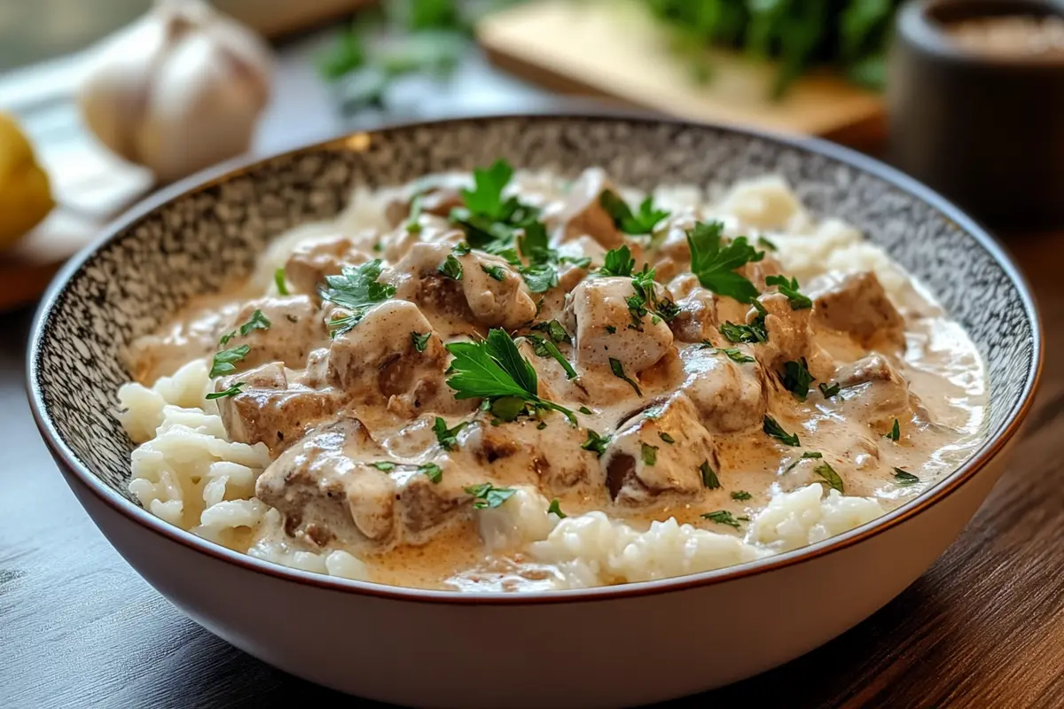 What can I add to stroganoff for more flavor? A bowl of richly flavored stroganoff.