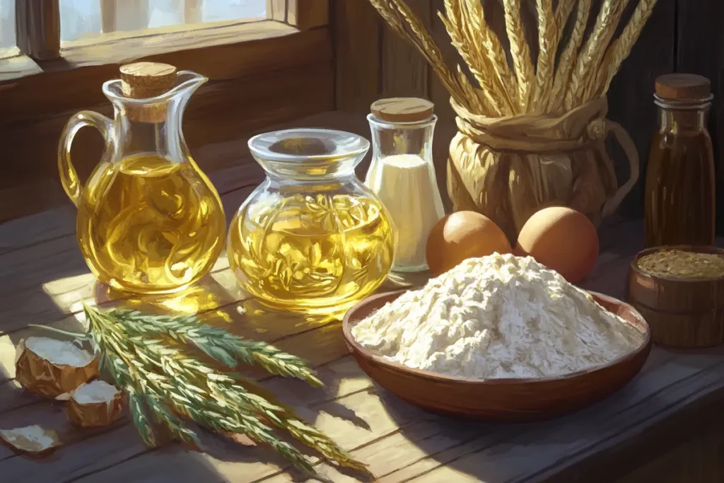 Ingredients for making moist muffins, including flour, sugar, eggs, and milk, showing components of what is the secret to moist muffins.