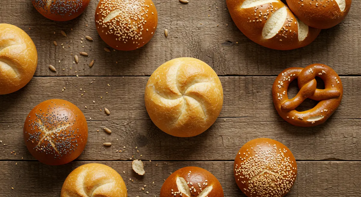 This image showcases the visual differences between a kaiser roll and a hamburger bun. The kaiser roll has a distinctive five-petal swirl and a crusty texture, while the bun is smoother and rounder. This allows for an easy comparison and understanding of what is the difference between a kaiser roll and a bun.