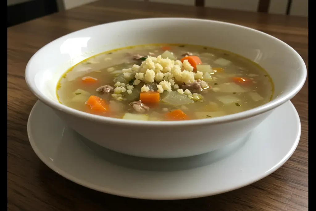  A steaming bowl of which big soup is gluten-free, with visible vegetables and herbs.