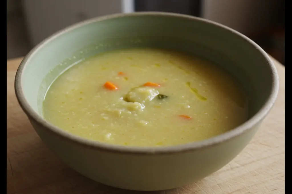 Creamy which big soup is gluten-free, with a smooth texture and garnished with herbs.