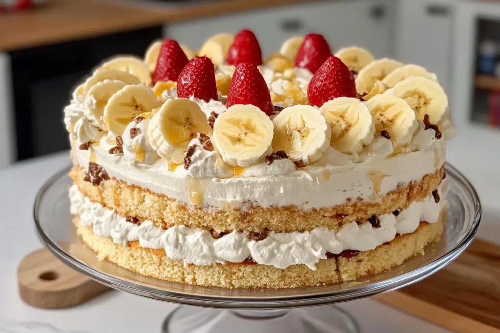 Delicious banana split cake with layers and colorful toppings.