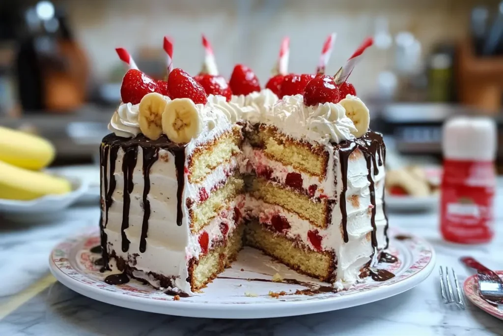  Delicious banana split cake with layers and colorful toppings.