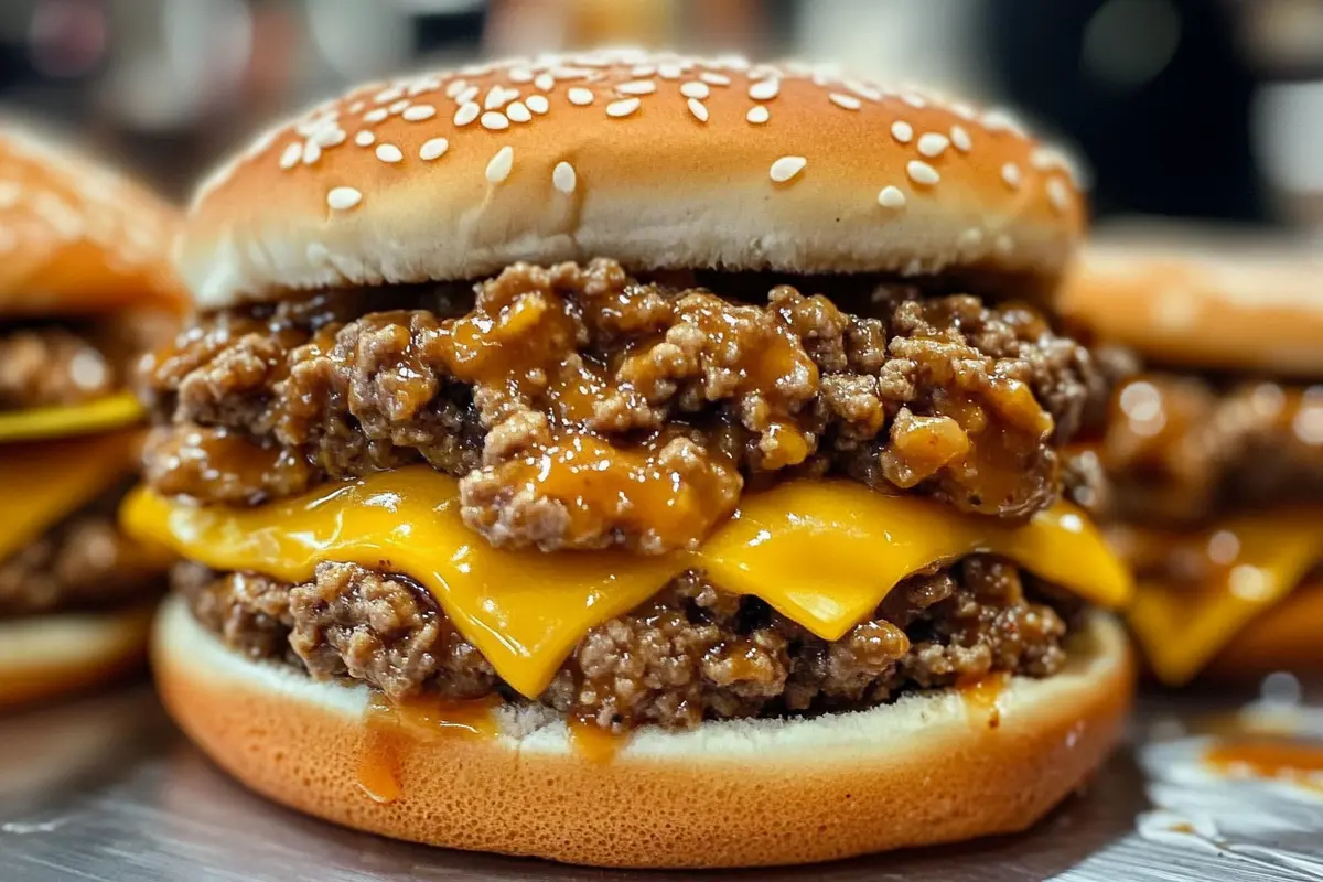 Big mac sloppy joes on a bun, with toppings.