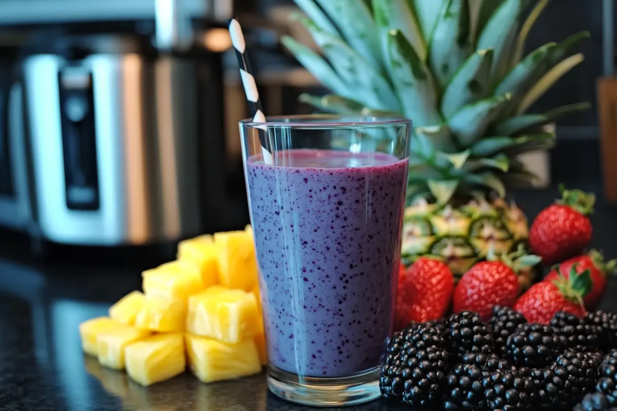 A blueberry pineapple smoothie in a glass with fresh fruits.