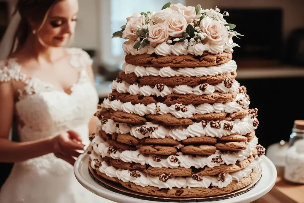 A beautifully decorated cookie cake wedding cake at a wedding reception.