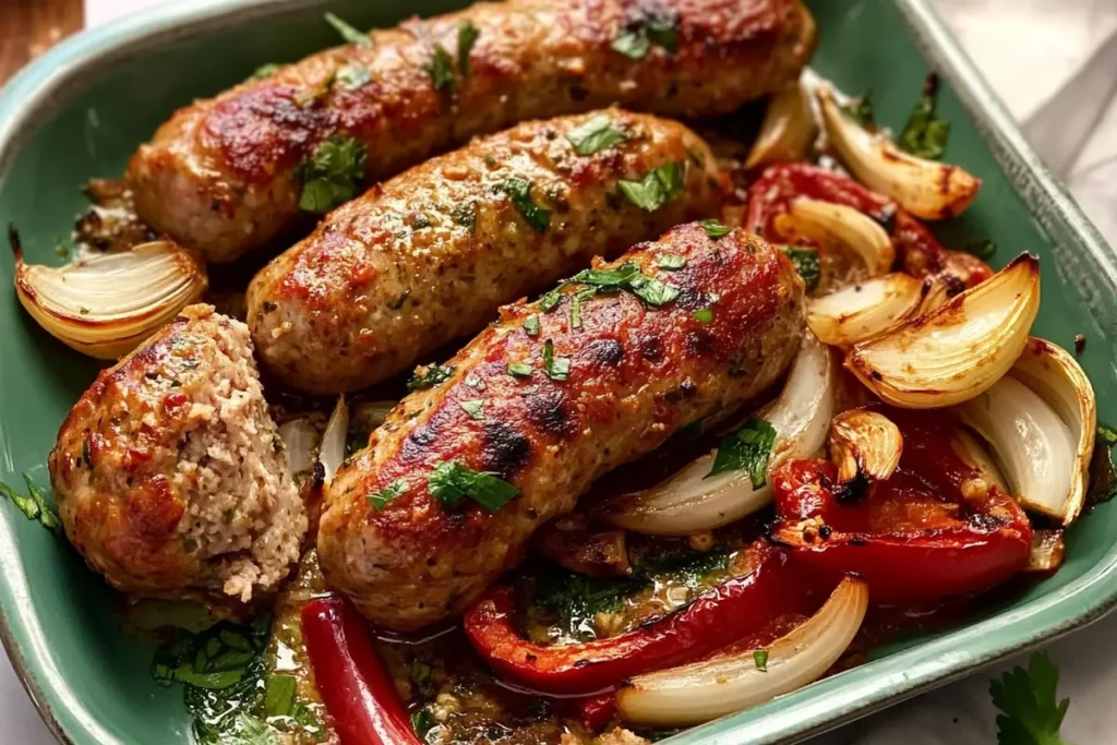 Sliced fennel sausage with peppers and onions.