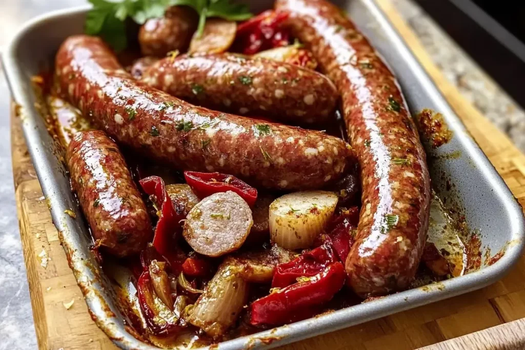 Delicious fennel sausage with herbs on a plate.