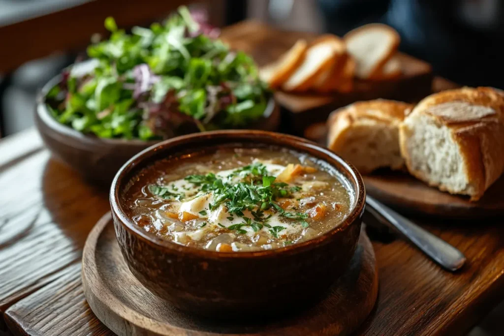 French onion soup with toasted crusty bread.