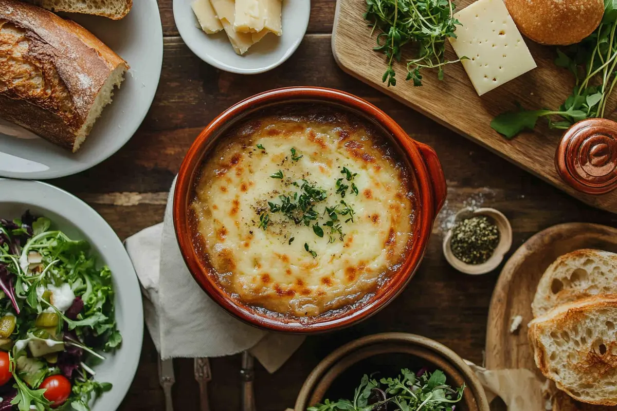 What do you serve with French onion soup? A table setting showing French onion soup with various sides.