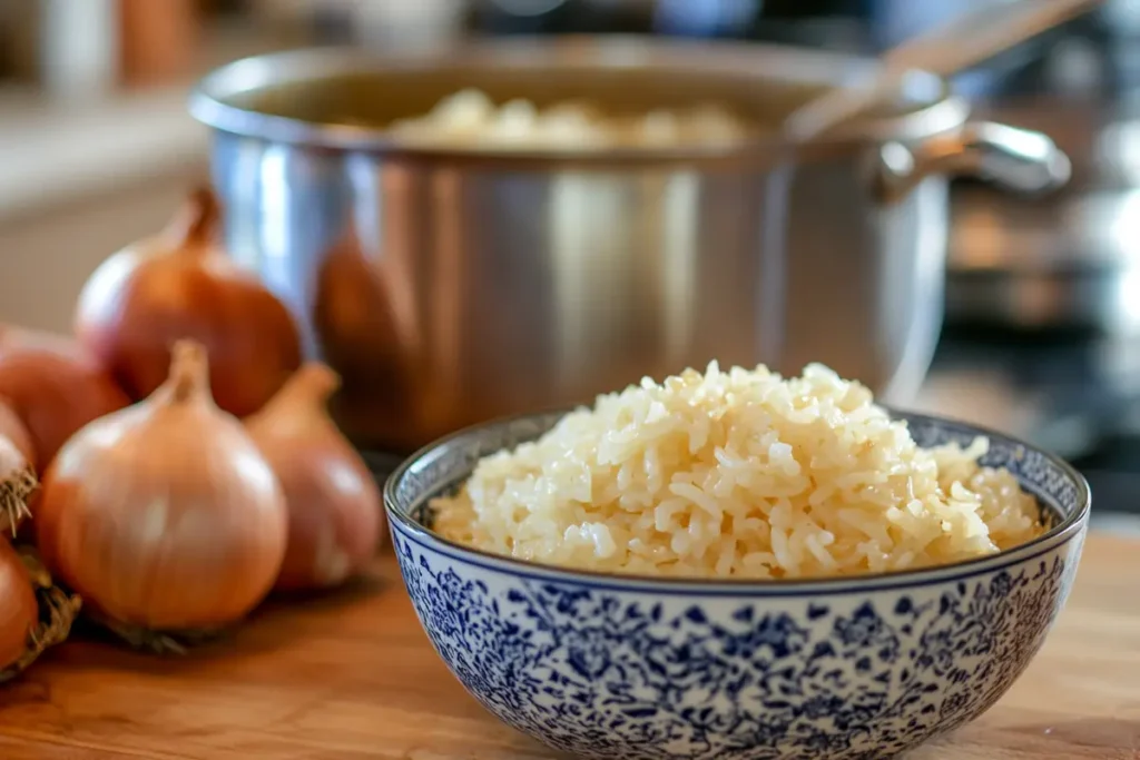 Caramelizing onions for French onion soup rice in a pan.