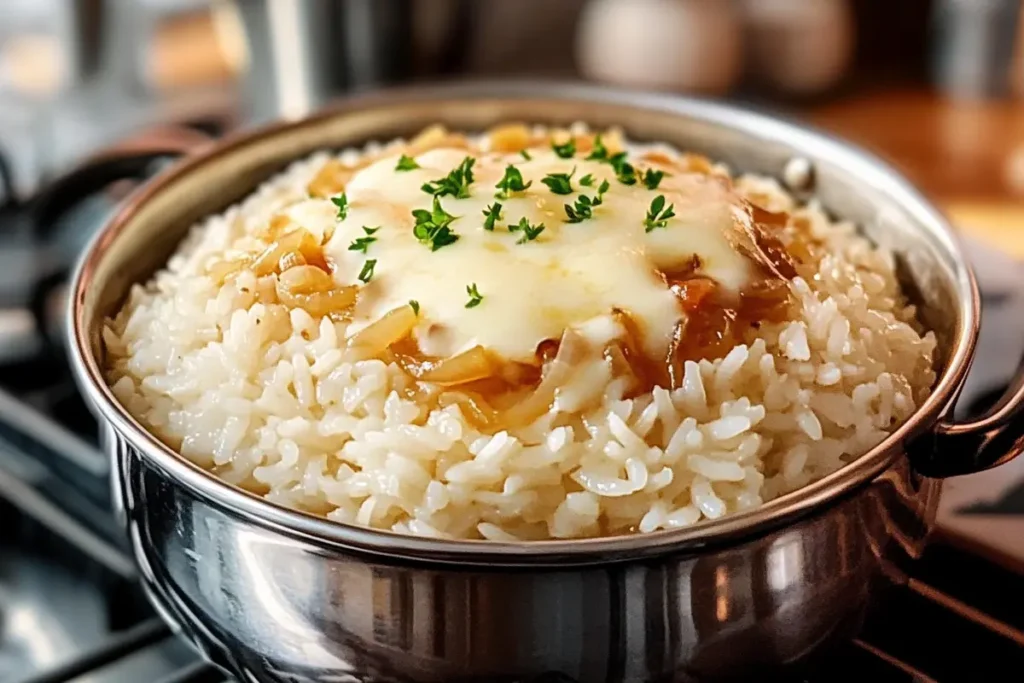 Cooking rice with broth for French onion soup rice.