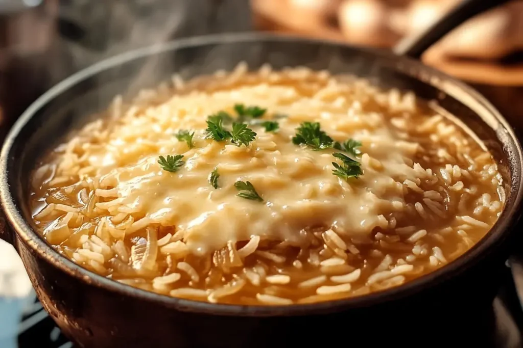 French onion soup rice in a bowl with caramelized onions.