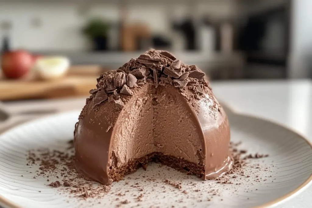 Slicing into a rich frozen french chocolate dome.