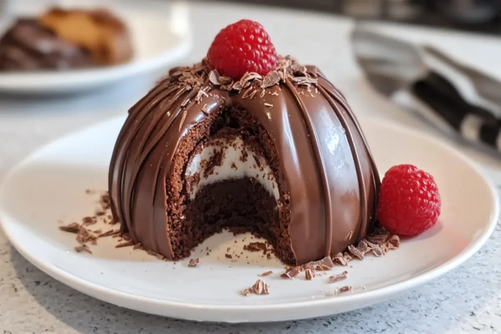 Preparing the frozen french chocolate dome with a mold.