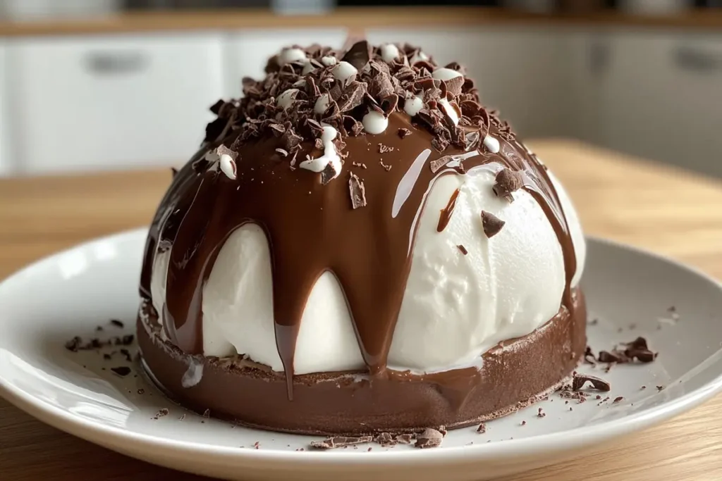  A frozen french chocolate dome with berry garnish.