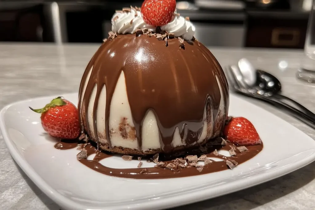 A decadent frozen french chocolate dome ready to serve.