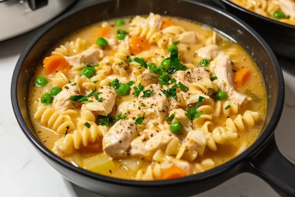 Steaming bowl of gluten free chicken noodle soup.