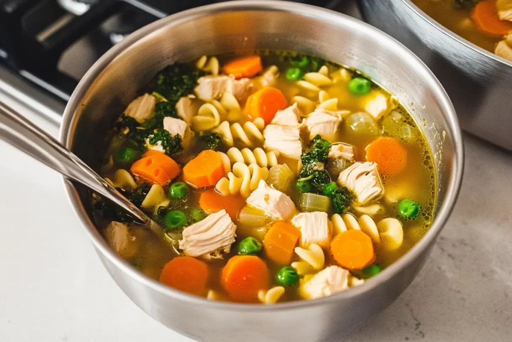 Gluten free chicken noodle soup with fresh herbs.