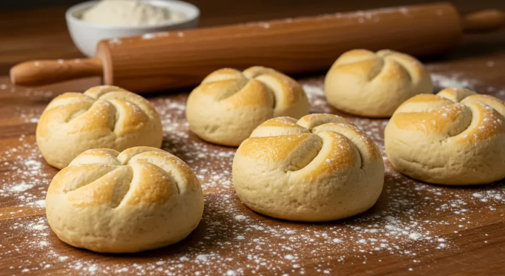 A close-up view of a freshly baked kaiser roll, showing its crisp crust.