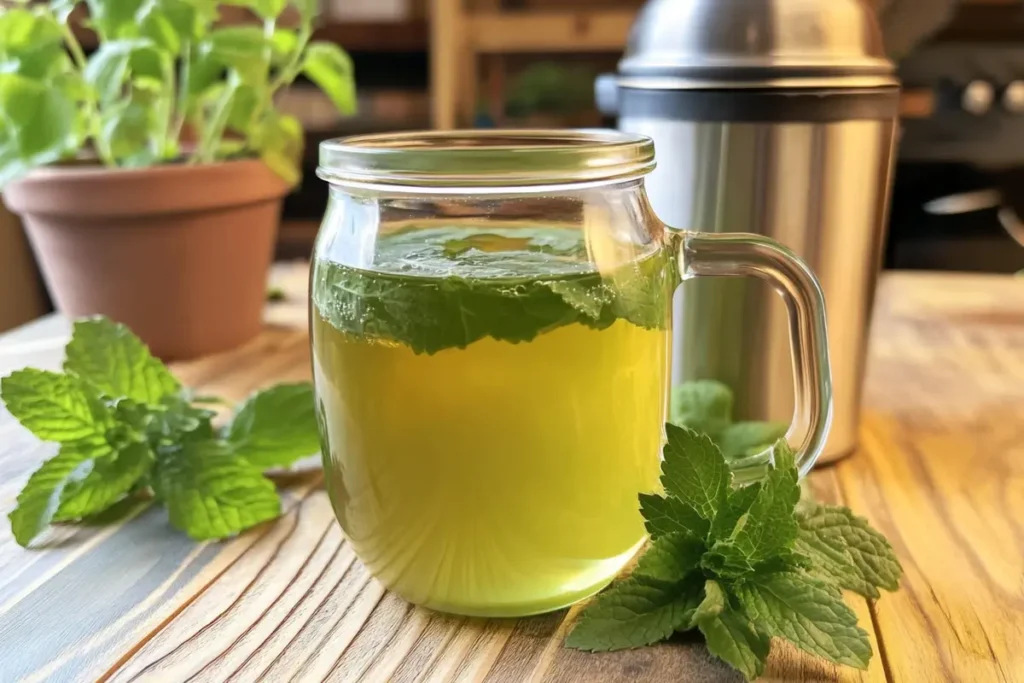  Lemon balm tea recipe for weight loss with a lemon slice.