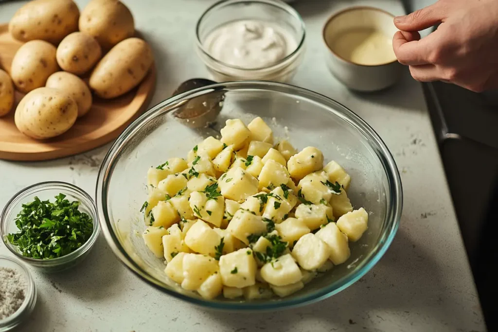 Preparing the creamy dressing for a potato salad recipe.