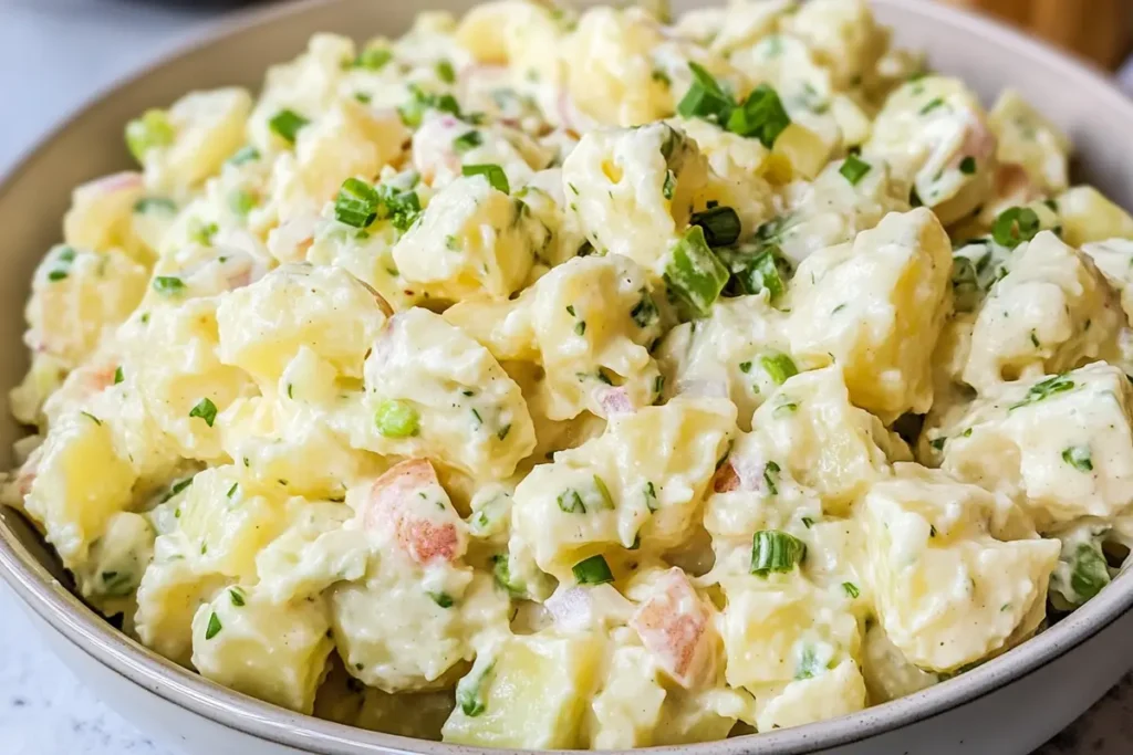 A classic potato salad recipe in a serving bowl.