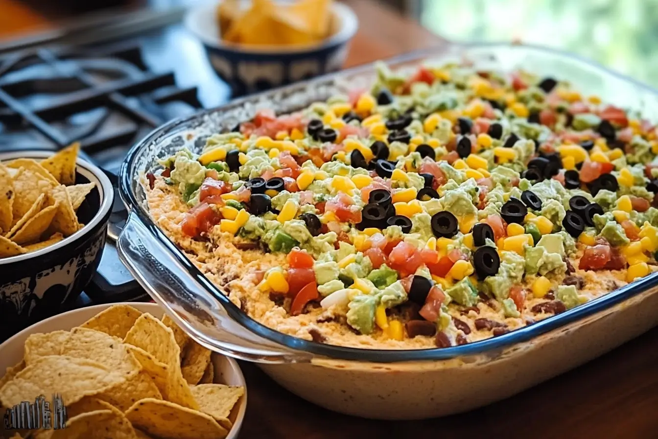 Delicious homemade taco dip recipe served with tortilla chips.