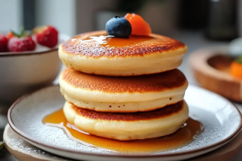 Taro flavored pancake recipe served with fresh fruit and syrup.