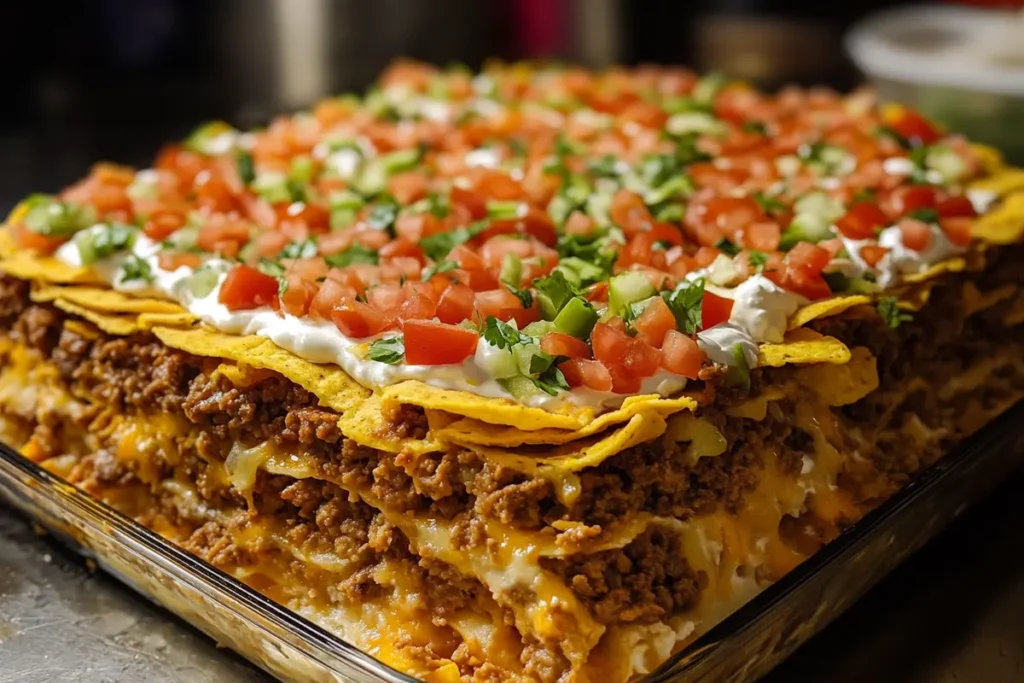 A walking taco casserole recipe with ground beef, cheese, and corn chips.