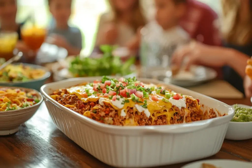 A walking taco casserole recipe with fresh toppings.