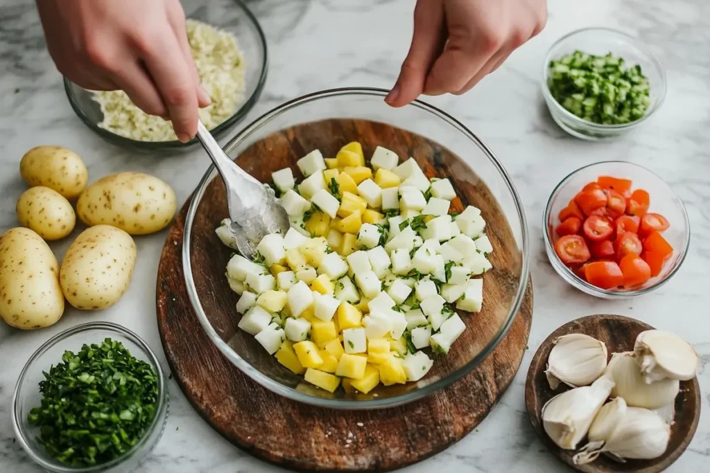 What are popular ingredients in potato salad? Bowl of classic potato salad.