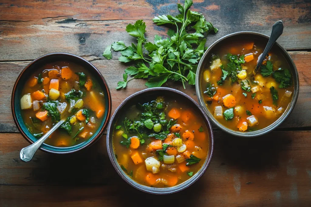 Close-up of a creamy gluten-free soup with fresh herbs.